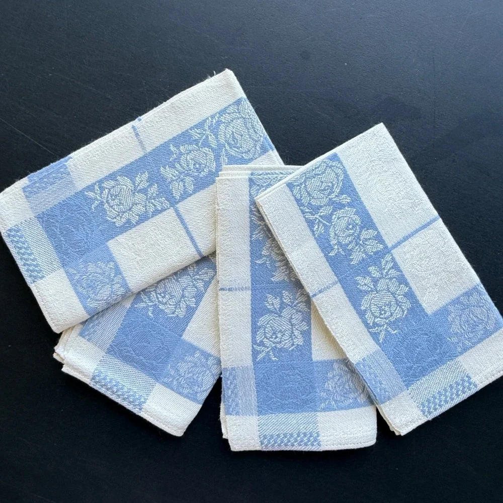 Vintage Blue and White Damask Floral Cloth Napkins Set of 4 Rose Checkered 15in